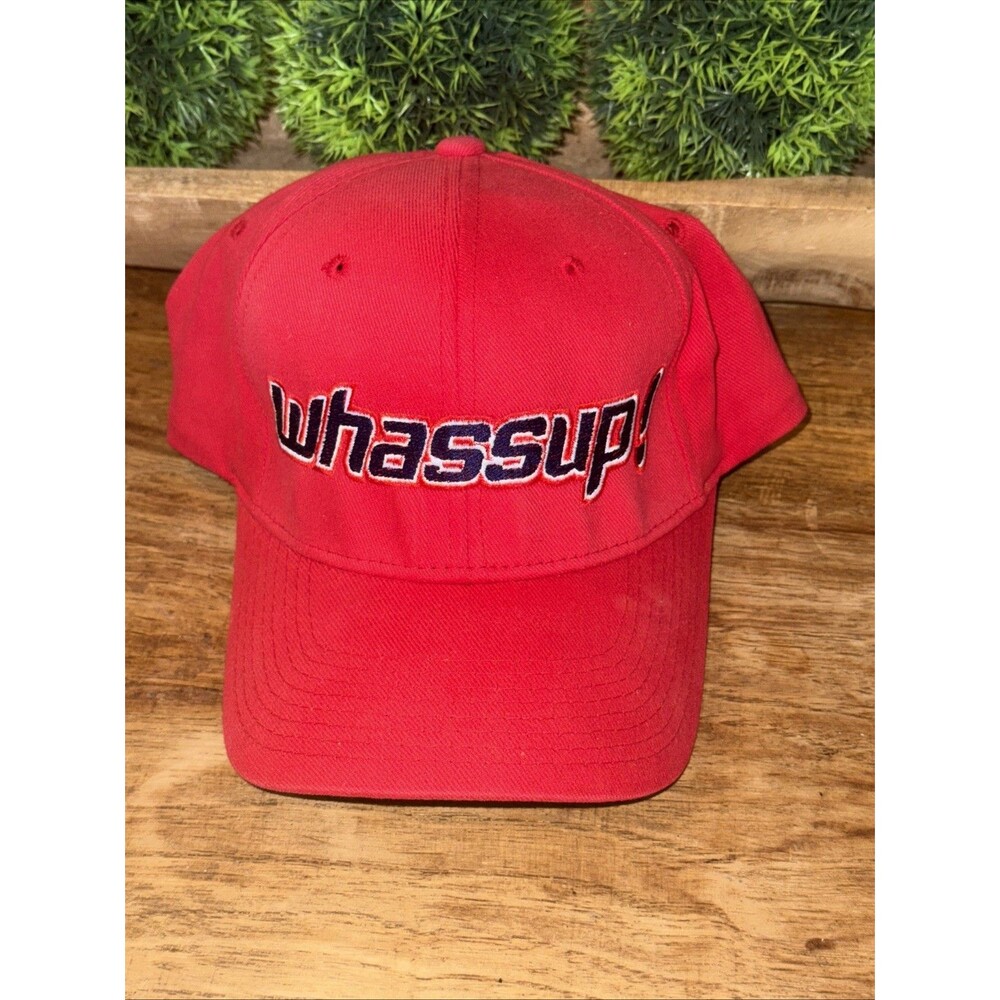 Y2K BUDWEISER True WHASSUP! Snapback HAT Red Flexfit Fitted Cap L/XL 1999